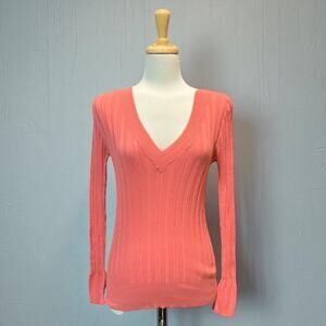 Old Navy Y2k Shirt Sz L Pink Coral Ribbed V Neck Fitted Long Sleeve 00s